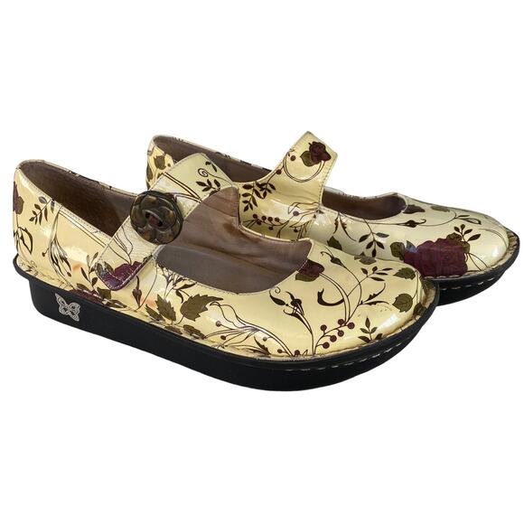 Alegria Shoes - Alegria Clogs Mary Jane Strappy Floral Shoes Patent Leather Cream Green Women 41